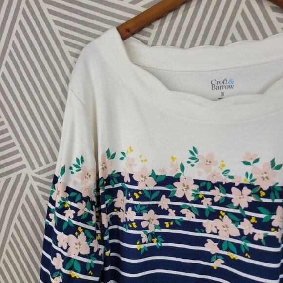 Croft Barrow T-Shirt Plus Size 3X Top Stripe Floral Print 3/4 Sleeve Scalloped - Picture 2 of 4